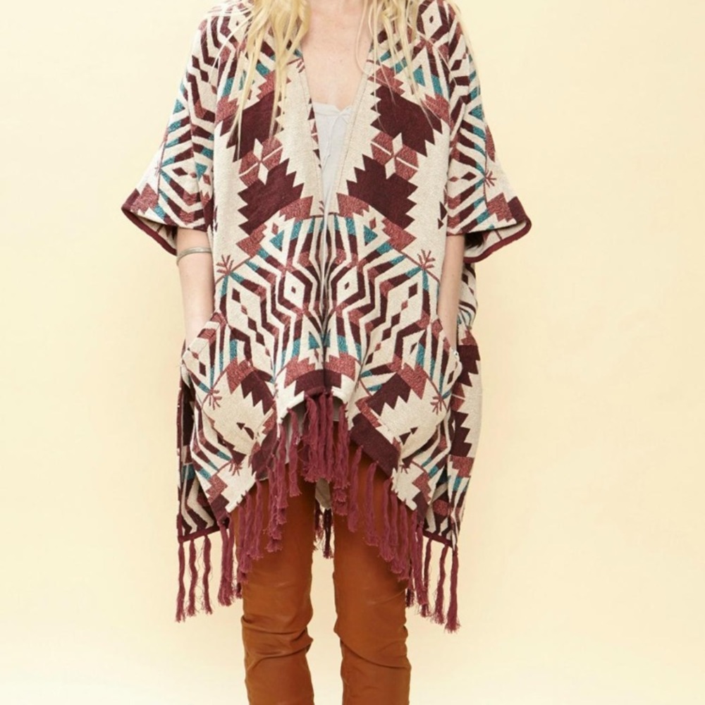 Sloan Rouge jacquard fringe poncho